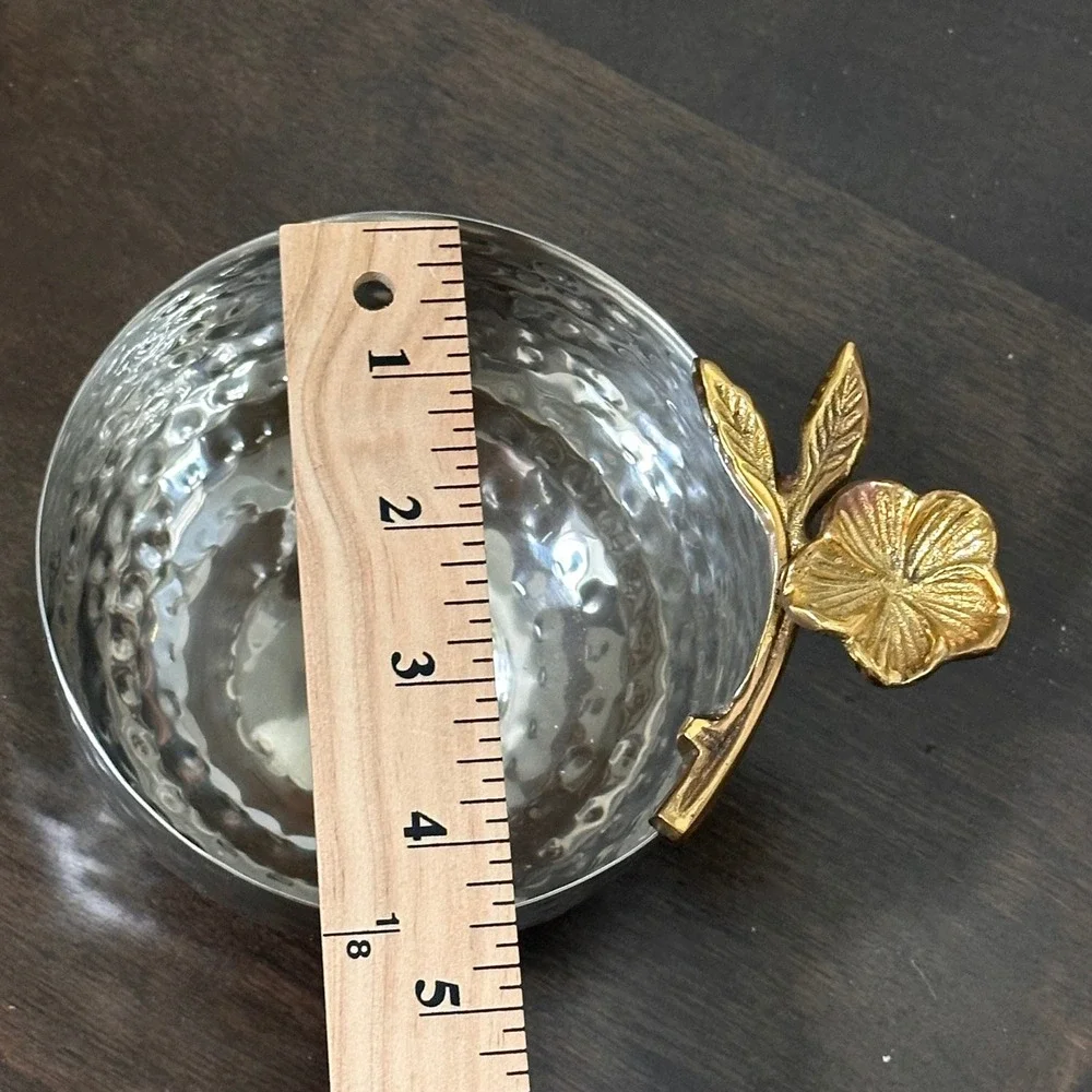 Hammered Silver Tone Metal Bowl with Gold Tone Flower Handle Made in India